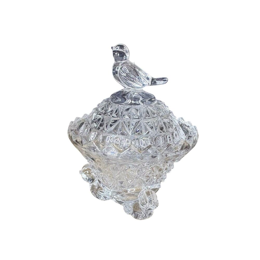 Vtg Hofbauer The Byrdes Crystal Collection Footed trinket/candy Dish w/lid- Bird